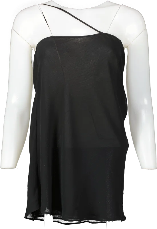 Lioness Black Asymmetric Neckline Sheer Mini Dress UK S Trendy Denim Mini Dress