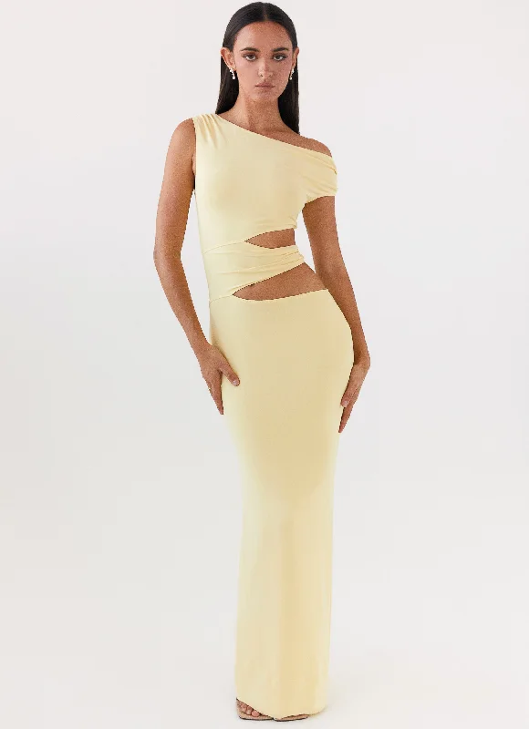 Margot One Shoulder Maxi Dress - Yellow Cozy Ruffle Sleeve Maxi Dress