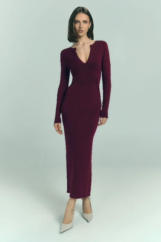 Maria Long Sleeve Buttoned Knit Maxi Dress - Plum Stylish Off-Shoulder Maxi Dress