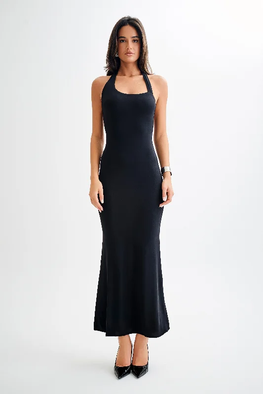 Marianne Asymmetrical Slinky Maxi Dress - Black Classic Tulle Maxi Dress