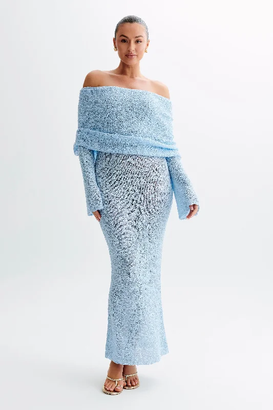 Marisol Off Shoulder Boucle Maxi Dress - Light Blue Cozy Wrap Maxi Dress