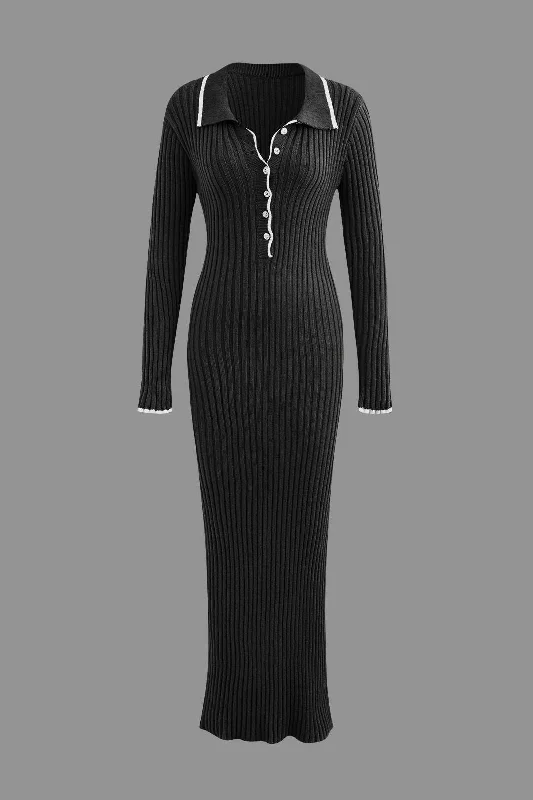 Collar Button Long Sleeve Knit Maxi Dress Stylish Pleated A-Line Maxi Dress