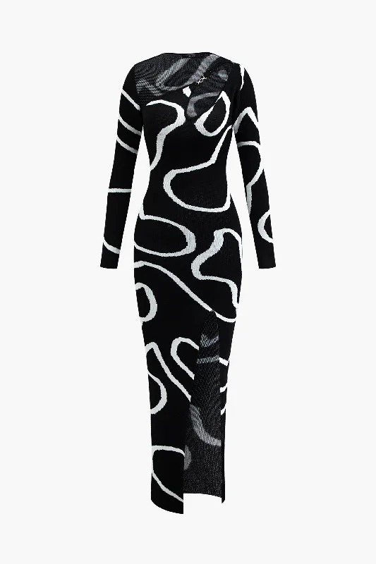 Line Pattern Cut Out Slit Knit Maxi Dress Stylish One-Shoulder Maxi Dress