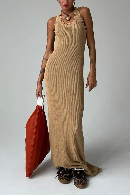 Solid Knit Frayed Tank Maxi Dress Stylish Maxi Dress with Pleats