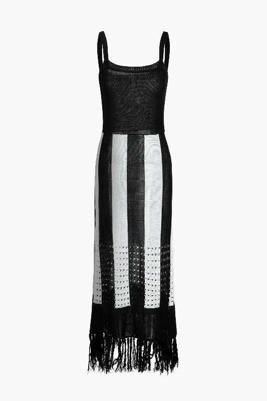 Color Block Print Knit Fringe Maxi Dress Fashionable Chiffon Tiered Maxi Dress