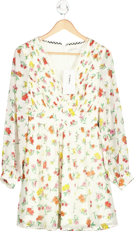 Michelle Keegan Cream Floral Mini Dress UK 8 Casual V-Neck Mini Dress
