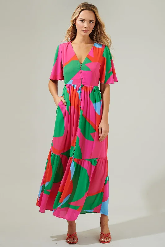 Milton Abstract Pismo Button Down Flutter Maxi Dress Fashionable Chiffon Tiered Maxi Dress