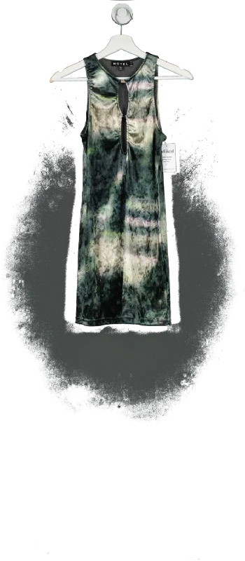 Motelrocks Green Sleeveless Velvet Mini Dress UK S Elegant Floral-Print Mini Dress