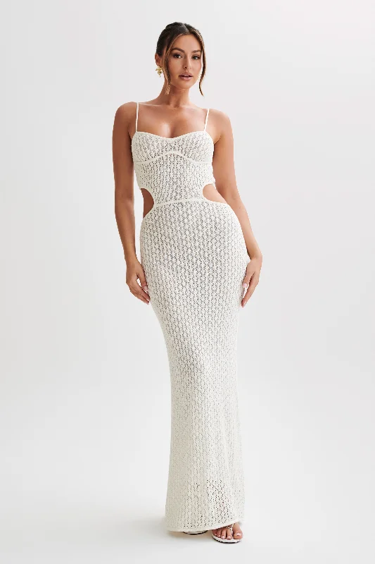 Nerida Knit Cut Out Maxi Dress - Ivory Cozy Ribbed Maxi Dress