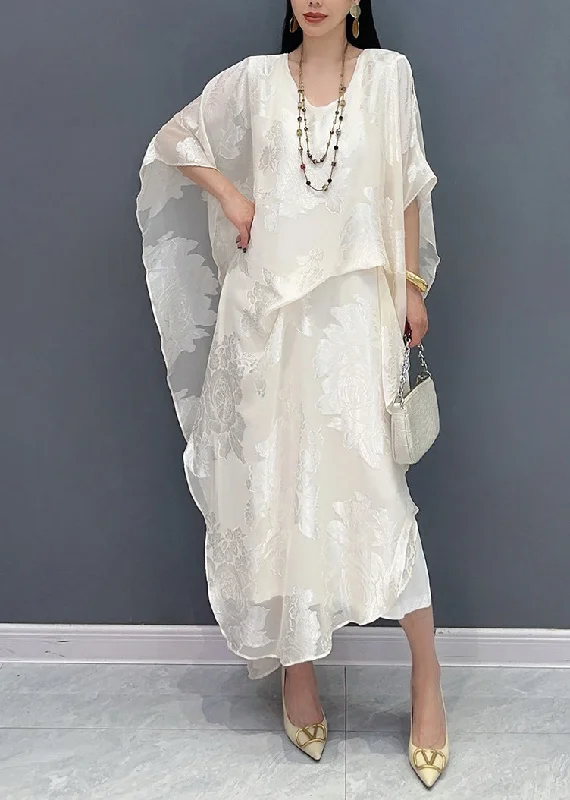 New Jacquard White Silk Maxi Dresses Summer AY1056 Fashionable Button-Down Maxi Dress