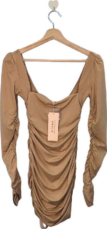 Oh Polly Beige Ruched Long Sleeve Mini Dress Size 8 Trendy Mesh Mini Dress
