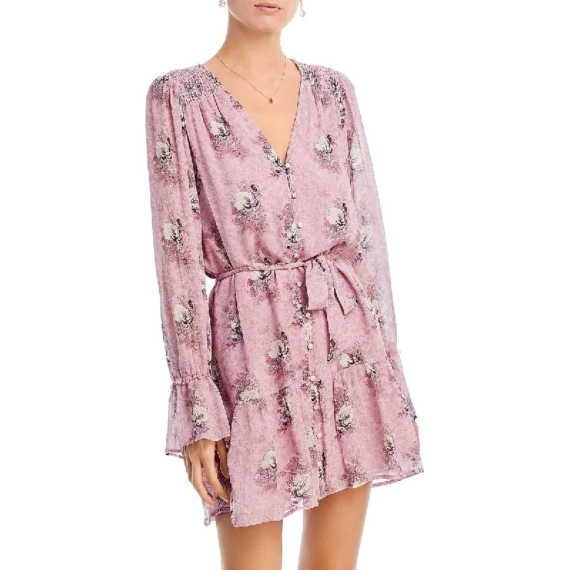 Paige Womens V Neck Floral Mini Dress Cozy Cowl Neck Mini Dress
