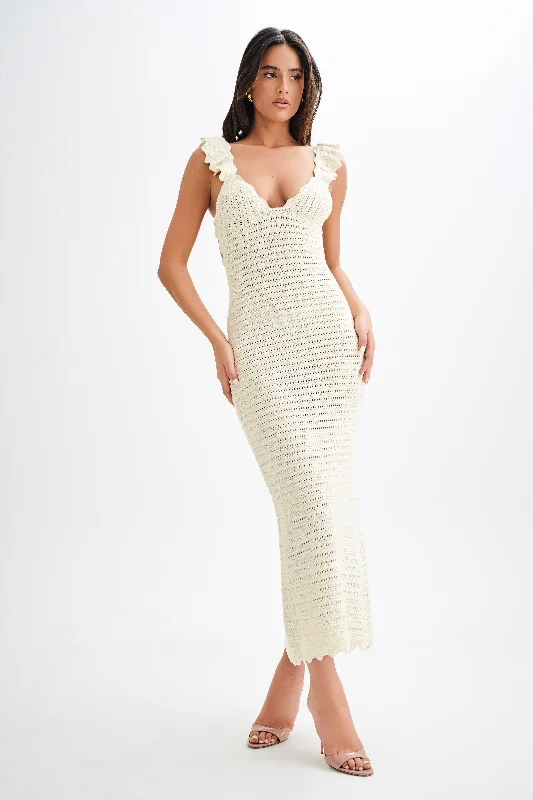 Perpetua Knit Contrast Maxi Dress - Cream Elegant Maxi Dress with Slit