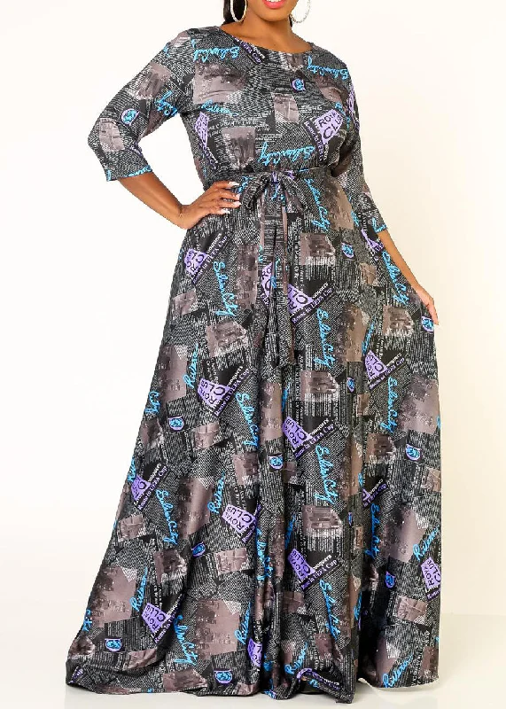 Hi Curvy Plus Size Women Letter Print Fit & Flare Maxi Dress Made In USA Fashionable Faux Wrap Maxi Dress