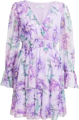 QUIZ Lilac Chiffon Floral Tiered Long Sleeve Mini Dress UK 12 Fashionable Mini Dress with Slits QUIZ Lilac Chiffon Floral Tiered Long Sleeve Mini Dress UK 12 Fashionable Mini Dress with Slits