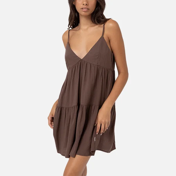 Rhythm Classic Tiered Mini Dress - Chocolate Fashionable Denim Mini Dress