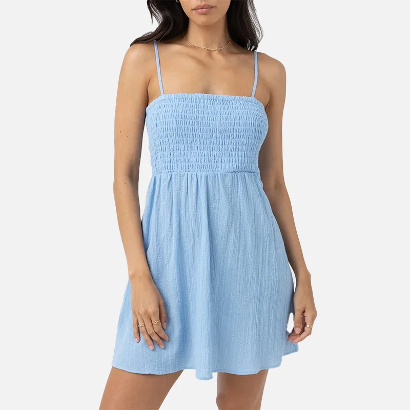 Rhythm Milly Smocked Mini Dress - Ocean Trendy Mesh Mini Dress