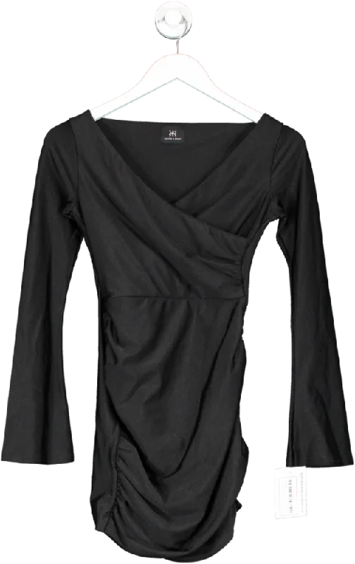 Ruched & Ready Black Bardot Ruched Mini Dress UK S Elegant Velvet Mini Dress