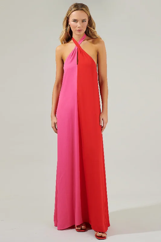 Sabria Color Block Maxi Dress Elegant Silk Maxi Dress