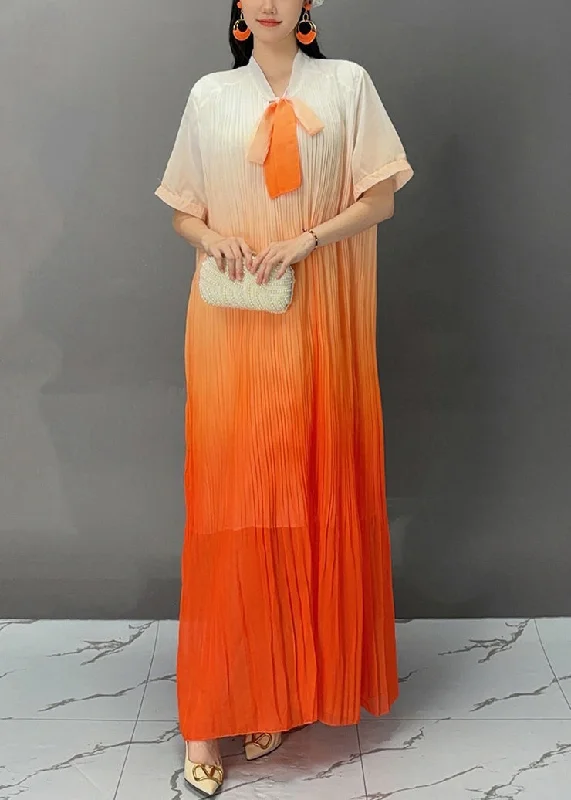 Stylish Orange Bow Wrinkled Maxi Dresses Summer AJ1021 Fashionable Button-Down Maxi Dress