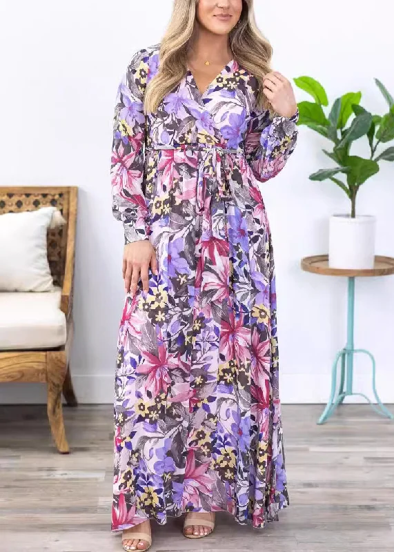 Stylish Purple Print Tie Waist Chiffon Maxi Dress Long Sleeve AU1030 Comfortable Maxi Dress with Slits