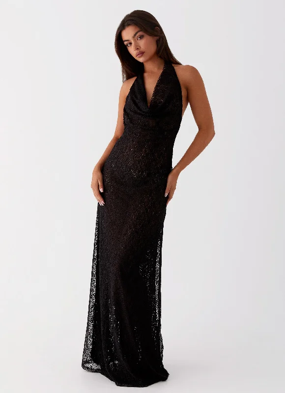 Tempest Cowl Neck Maxi Dress - Black Elegant Maxi Dress with Drapes