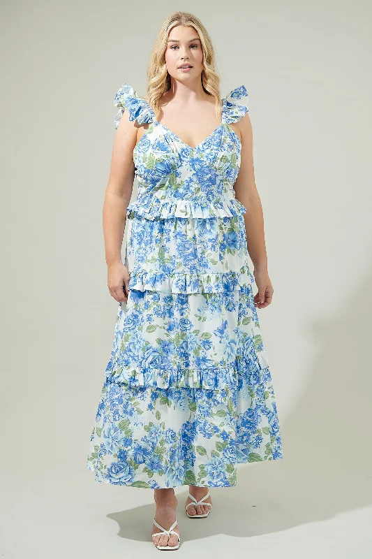 Truth Be Told Blue Floral Tiered Maxi Dress Curve Comfortable T-Shirt Maxi Dress