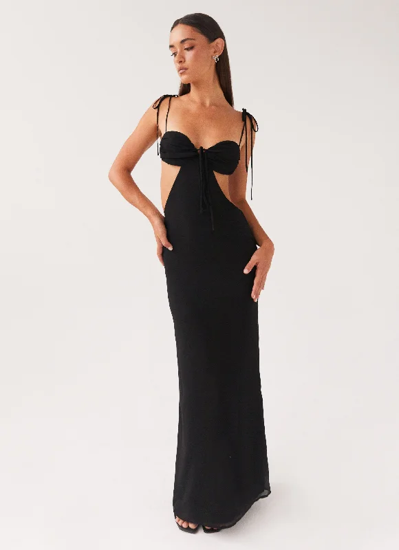 Tyra Ruched Maxi Dress - Black Comfortable Satin Maxi Dress