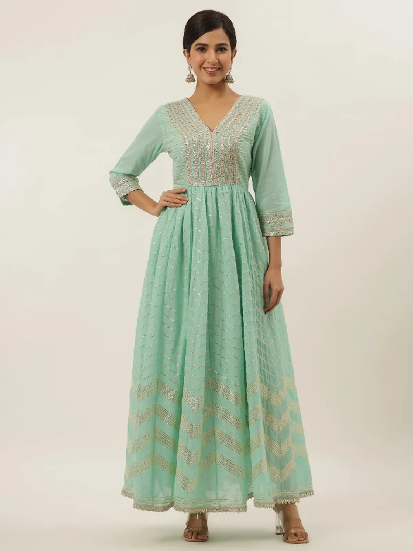 Women's Mint Green Thread Work Cotton Maxi Dress - Yufta Trendy Short Sleeve Maxi Dress