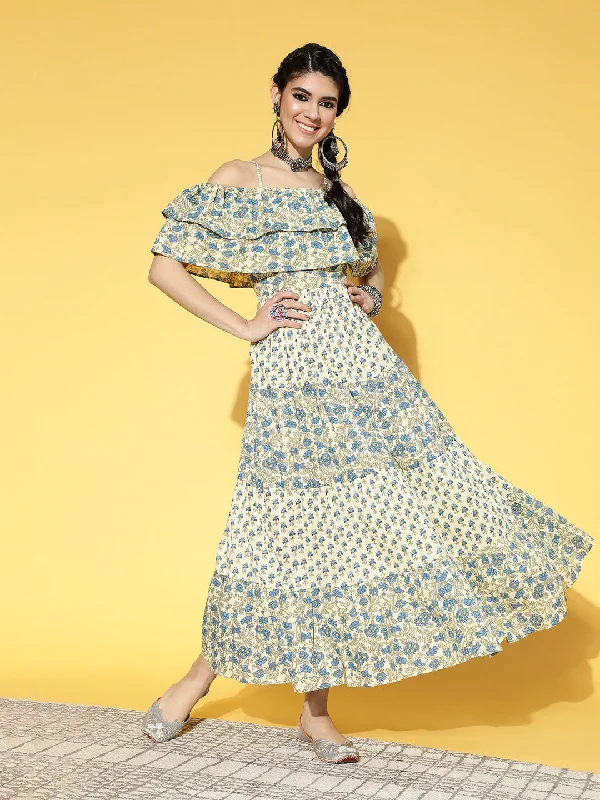 Women's Beige & Blue Ethnic Motifs Printed Off-Shoulder Pure Cotton Tiered Maxi Dress - Yufta Chic Sleeveless Maxi Dress