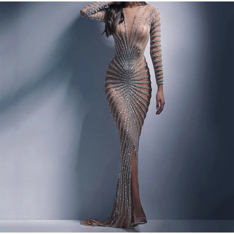 FashionSierra - Mesh Sequins Split Fishtail V Neck Long Sleeve Maxi Dress Stylish V-Neck Maxi Dress