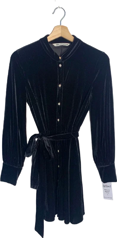 ZARA Black Velvet Button-Down Mini Dress XS Elegant Silk Mini Dress