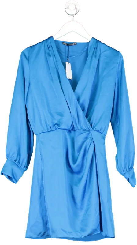 ZARA Blue Draped Satin Long Sleeve Wrap Mini Dress BNWT UK S Stylish Spaghetti Strap Mini Dress ZARA Blue Draped Satin Long Sleeve Wrap Mini Dress BNWT UK S Stylish Spaghetti Strap Mini Dress