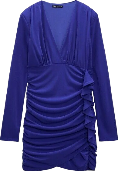 ZARA Blue Ruffle Detail Long Sleeve Double Lined Mini Dress BNWT UK S Chic Mini Dress with V-Neck ZARA Blue Ruffle Detail Long Sleeve Double Lined Mini Dress BNWT UK S Chic Mini Dress with V-Neck