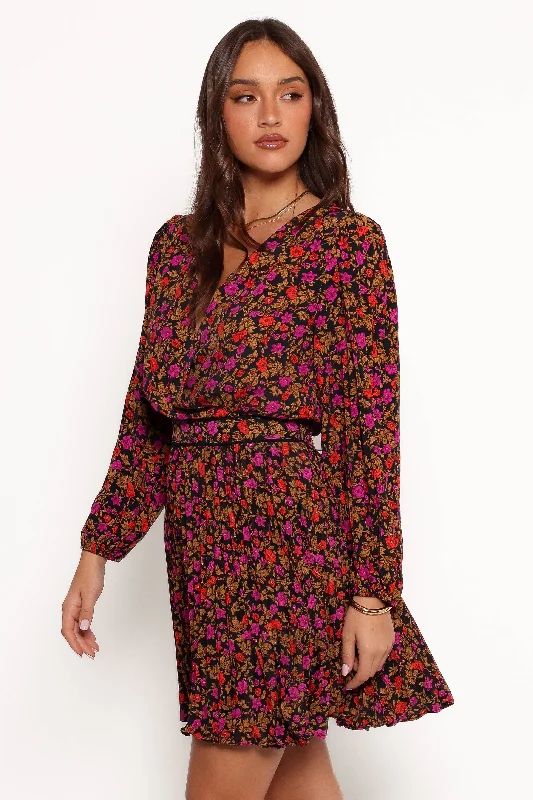 Zephyr Long Sleeve Mini Dress - Black Magenta Fashionable Polka Dot Mini Dress