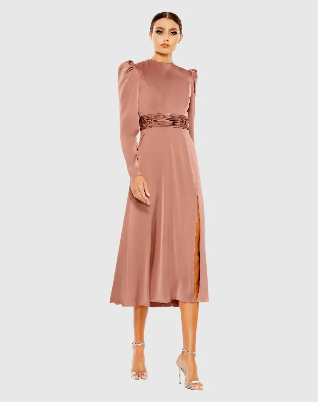 High Neck Long Sleeve Midi Dress Trendy Smocked Waist Midi Dress