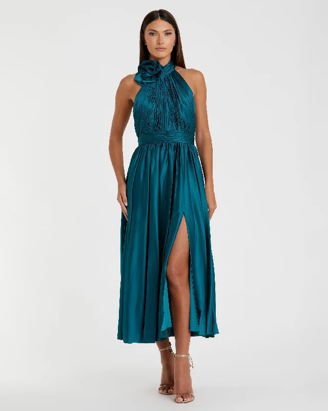 Pleated Charmeuse High Neck Sleeveless Midi Dress Elegant Satin Slip Midi Dress