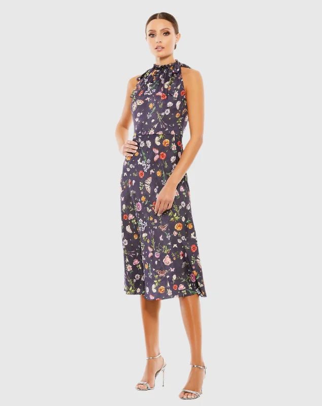 Floral Print Tie Neck Midi Dress Comfortable Ruched Midi Dress