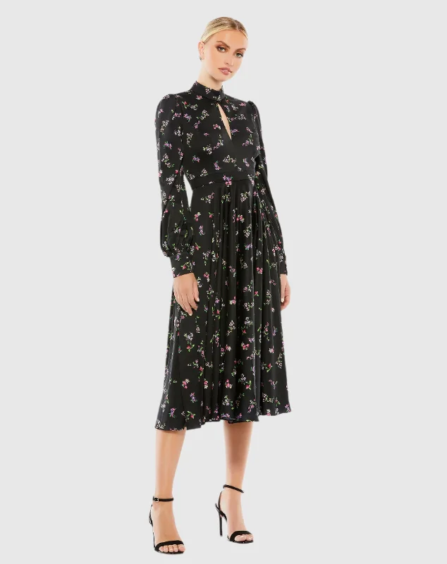 Long Sleeve Keyhole Fit and Flare Midi Dress Stylish Silk Midi Dress