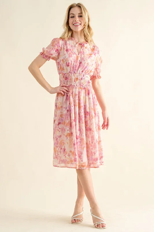 And The Why Full Size Smocked Waist Printed Midi Dress Comfortable Ribbed Midi Dress