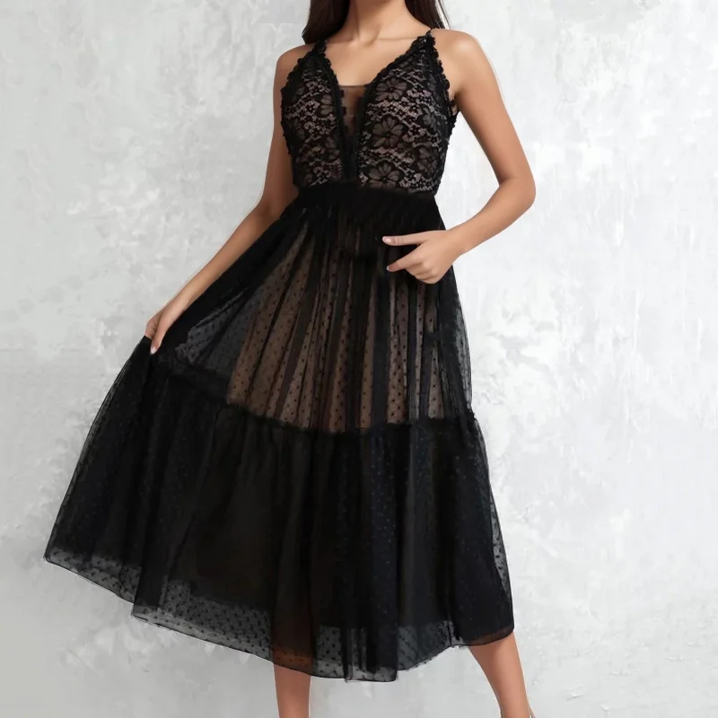 Casual Sleeveless Lace Patchwork V-Neck Midi Dress Stylish Vintage Midi Dress