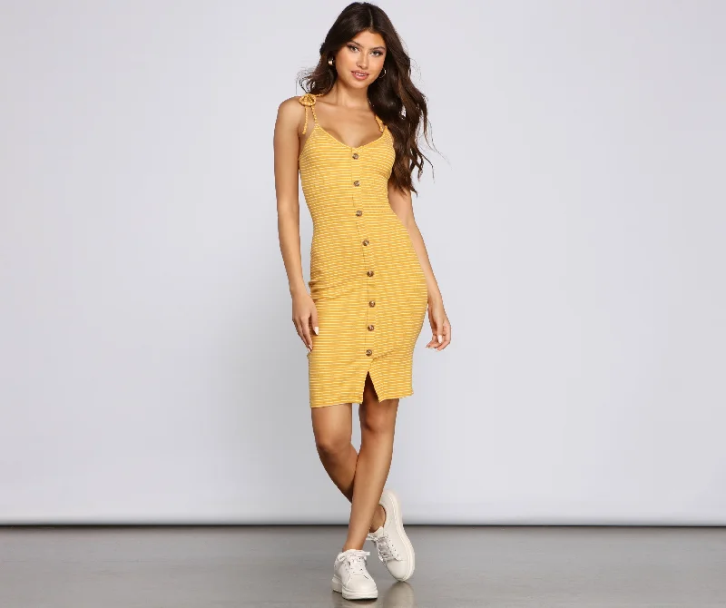 Buttoned In Sassy Charming Stripes Midi Dress Trendy Boho Midi Dress