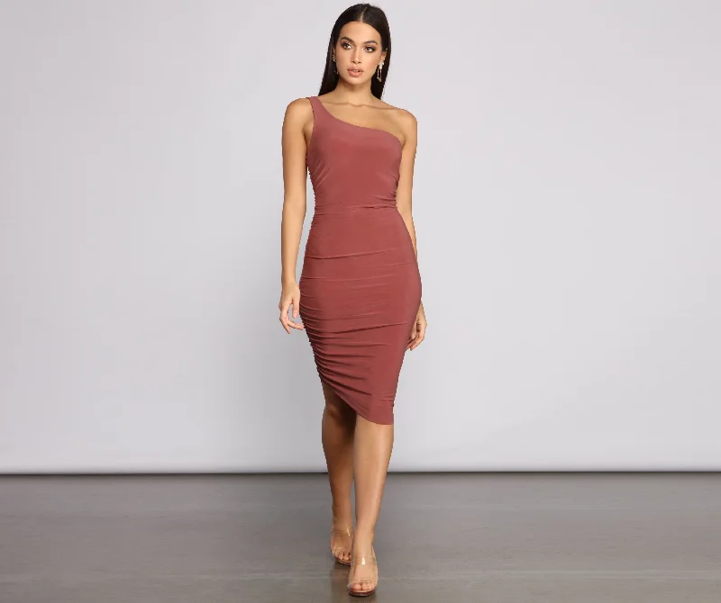 Ruched Stunner One Charming Shoulder Midi Dress Cozy Ribbed Knit Midi Dress