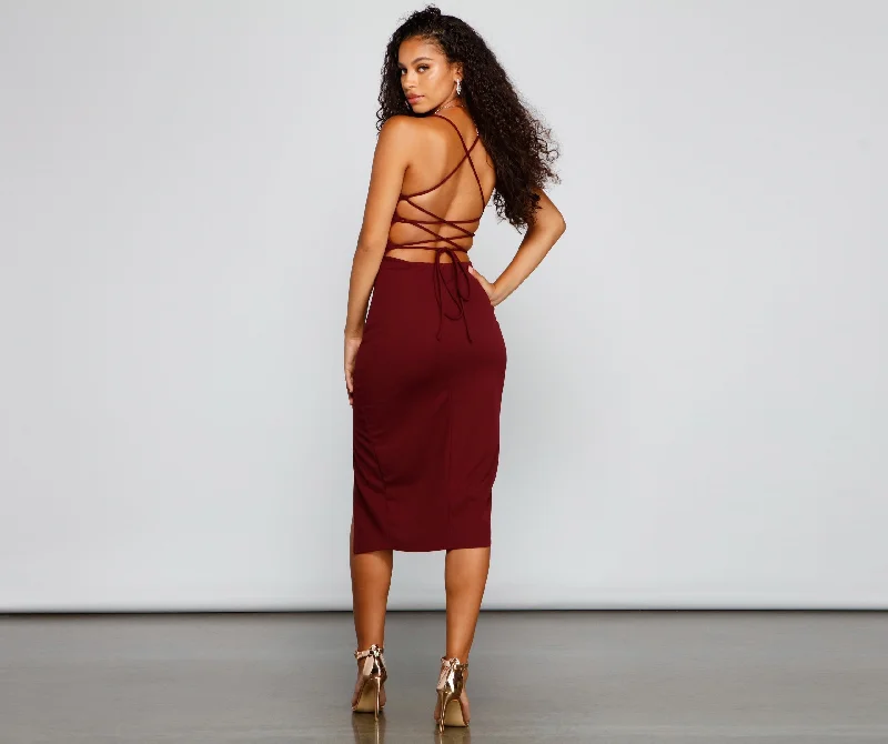 Henley Formal Stylish Lace-Up Midi Dress Elegant Satin Midi Dress