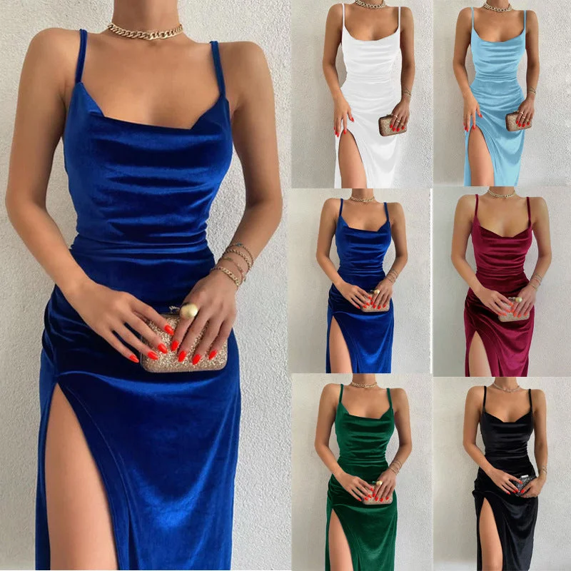 Festive Cheer Velvet Charming Slit Midi Dress Fashionable Shift Midi Dress
