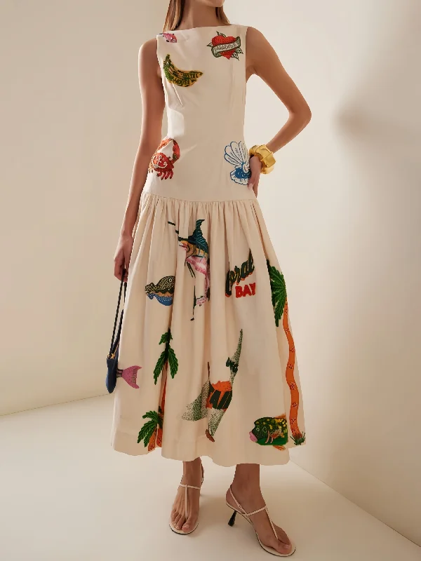Unique Print Stylish Ocean Midi Dress Chic Off-Shoulder Midi Dress