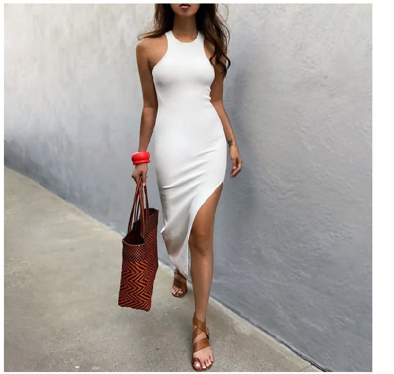 Simple And Sexy Charming High-Slit Midi Dress Fashionable Chiffon Midi Dress