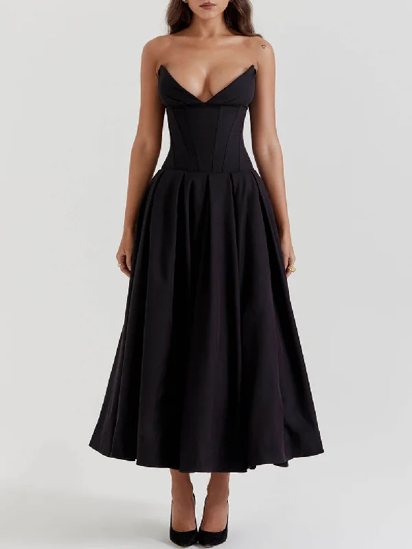 Black Strapless Stylish Midi Dress Comfortable Deep V Midi Dress