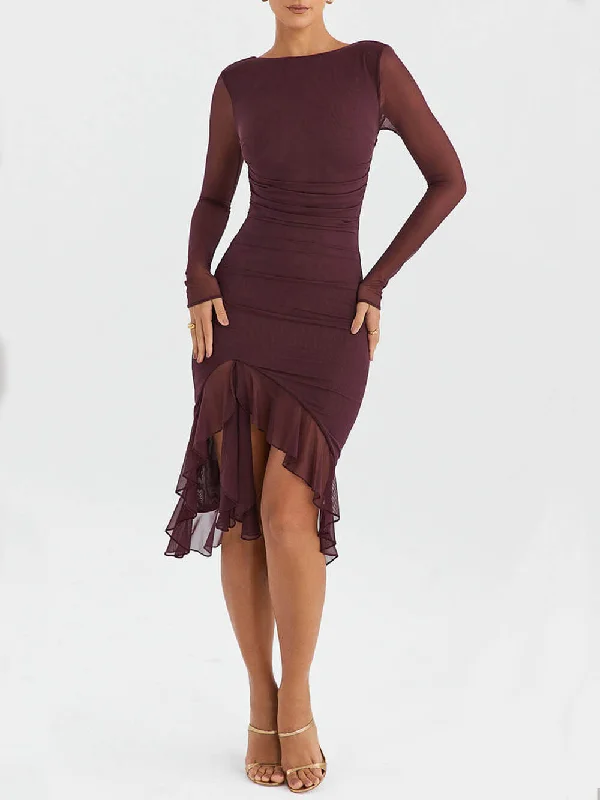 Wine Ruffle Stylish Midi Dress Fashionable Skater Midi Dress