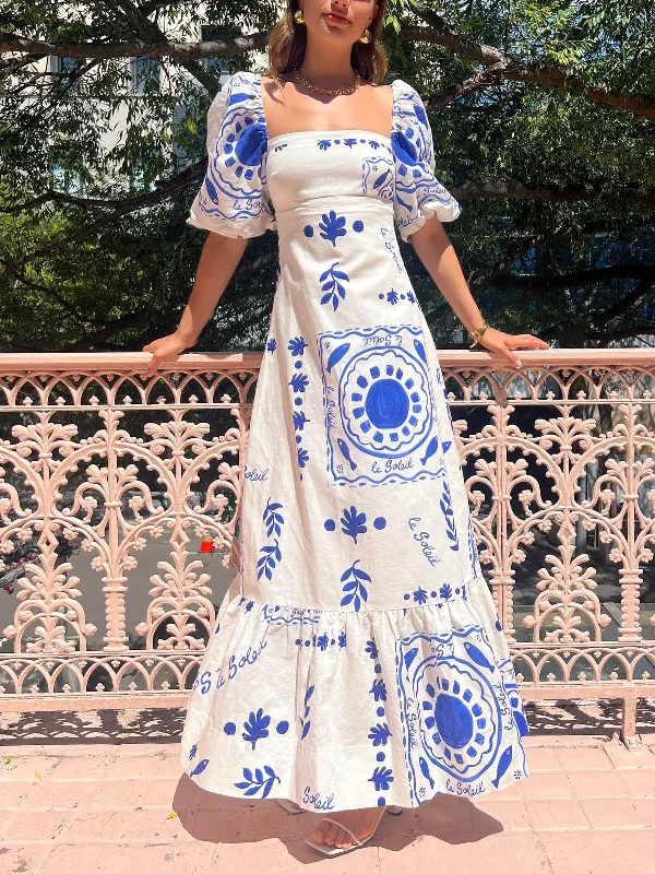 Vacation Puff Stylish Sleeve Midi Dress Comfortable Button Front Midi Dress